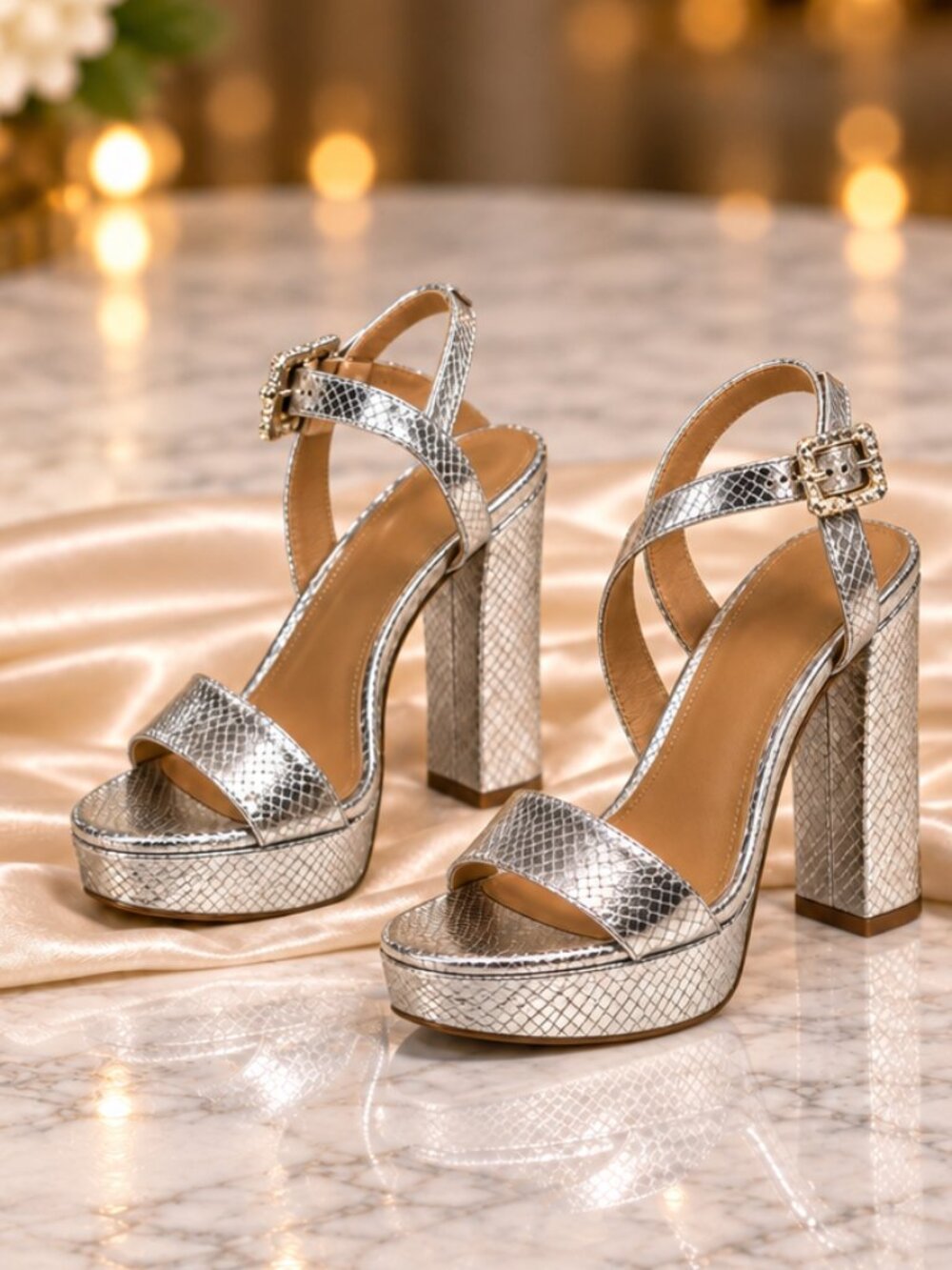 River Island Silver Platform Crystal Buckle Heels Size 8